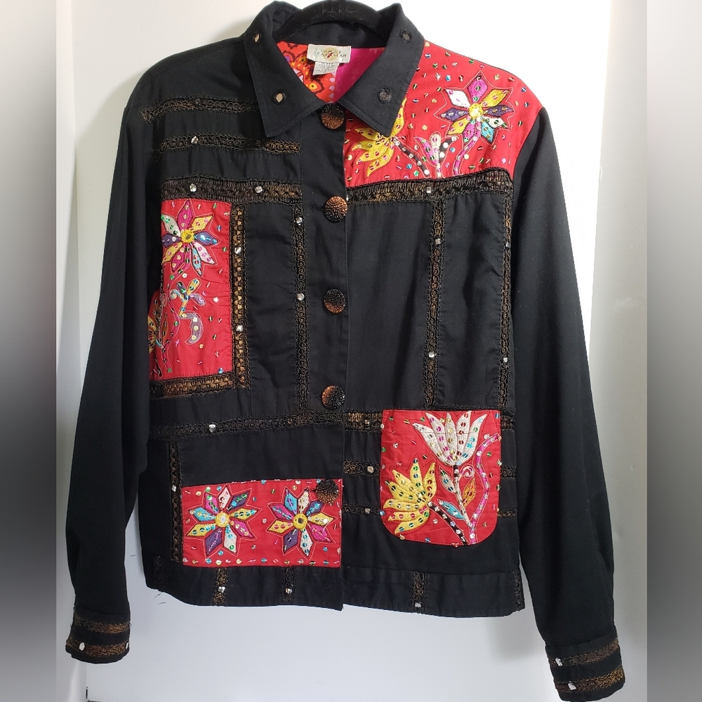 Sandy Starkman Women's Black and Red Embroidered  Patchwork Jacket Size M